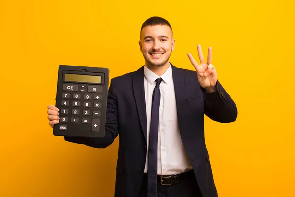 Young Handsome Businessman Flat Background Calculator — Stock Photo, Image