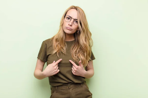 Young Pretty Blonde Woman Pointing Self Confused Quizzical Look Shocked — ストック写真