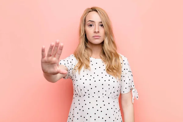 Young Pretty Blonde Woman Looking Serious Stern Displeased Angry Showing — Stock Photo, Image