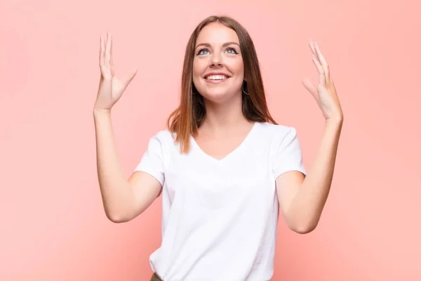 Young Red Head Woman Feeling Happy Amazed Lucky Surprised Celebrating — Stock Photo, Image