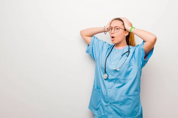 Young Latin Nurse Looking Excited Surprised Open Mouthed Both Hands — 스톡 사진