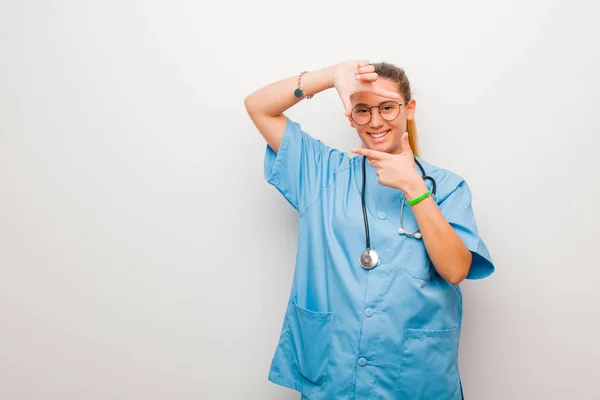 Young Latin Nurse Feeling Happy Friendly Positive Smiling Making Portrait — 스톡 사진