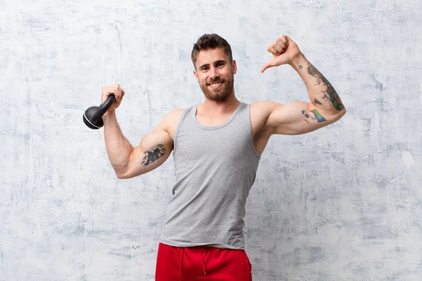 Young Handosme Man Flat Color Wall Dumbbell Sport Concept — Stock Photo, Image
