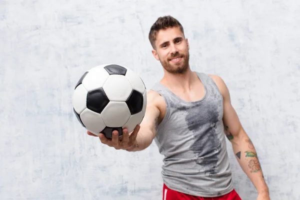 Young Handosme Man Flat Color Wall Soccer Ball Sport Concept — Stock Photo, Image