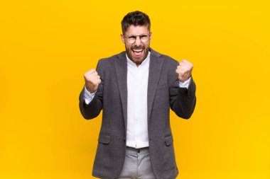 Genç handome 'lu muzaffer bir şekilde bağırıyor, gülüyor, mutlu ve heyecanlı hissederken düz renkli duvara karşı başarıyı kutluyor.