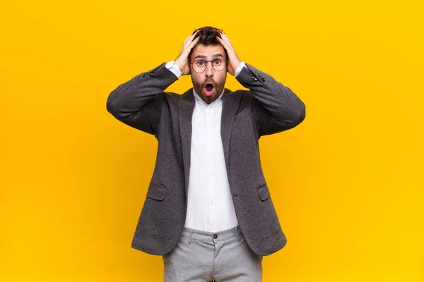 Young Handosme Man Feeling Horrified Shocked Raising Hands Head Panicking — ストック写真