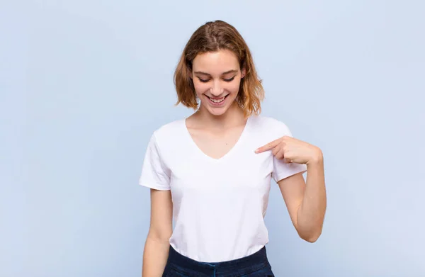 Young Blonde Woman Smiling Cheerfully Casually Looking Downwards Pointing Chest — Stock Photo, Image