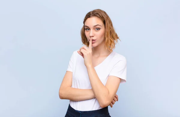 Young Blonde Woman Asking Silence Quiet Gesturing Finger Front Mouth — Stock Photo, Image