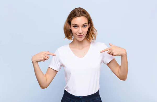 Young Blonde Woman Looking Proud Positive Casual Pointing Chest Both — 스톡 사진