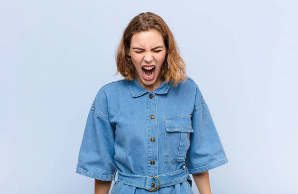 Young Blonde Woman Shouting Aggressively Looking Very Angry Frustrated Outraged — Stock Photo, Image