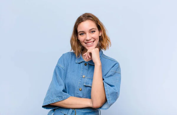 Young Blonde Woman Looking Happy Smiling Hand Chin Wondering Asking — ストック写真