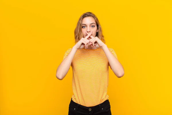 Young Blonde Woman Looking Serious Displeased Both Fingers Crossed Front — 스톡 사진