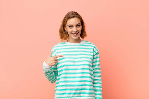 Young Blonde Woman Looking Proud Confident Happy Smiling Pointing Self — 스톡 사진