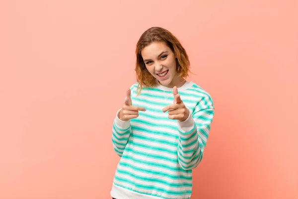 Young Blonde Woman Smiling Positive Successful Happy Attitude Pointing Camera — Stock Photo, Image