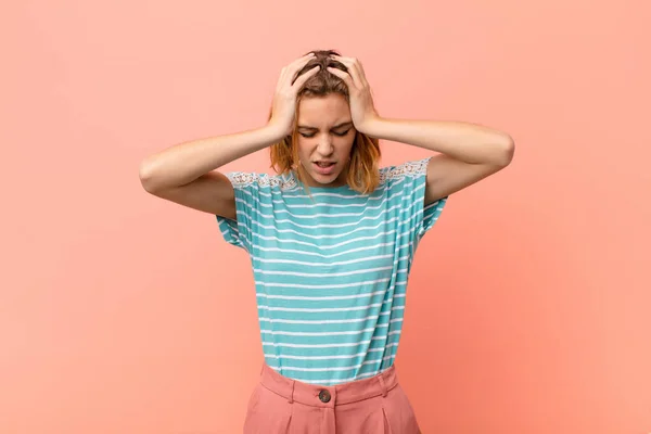 Young Blonde Woman Feeling Stressed Frustrated Raising Hands Head Feeling — 스톡 사진