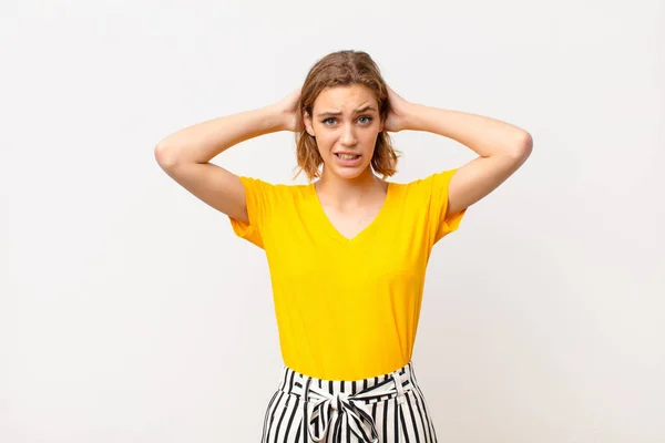 Young Blonde Woman Feeling Stressed Worried Anxious Scared Hands Head — Stock Photo, Image