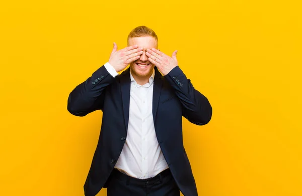 Young Blond Businessman Smiling Feeling Happy Covering Eyes Both Hands — Stock Photo, Image