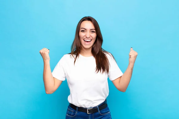 Young Pretty Woman Feeling Happy Positive Successful Celebrating Victory Achievements — Stock Photo, Image