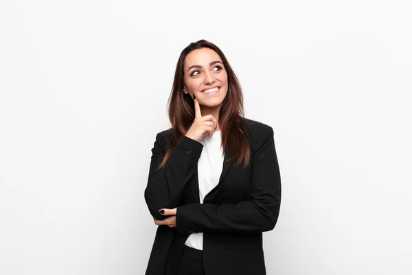 Young Pretty Businesswoman Smiling Happily Daydreaming Doubting Looking Side White — Stock Photo, Image