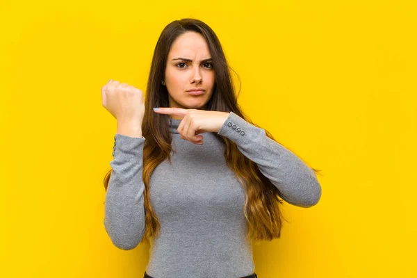 Young Pretty Woman Looking Impatient Angry Pointing Watch Asking Punctuality — Stock Photo, Image