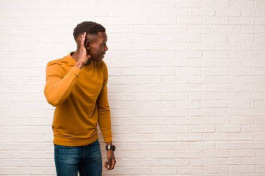 Genç Afro-Amerikan siyahi adam gülümsüyor, tuhaf bir şekilde yan tarafa bakıyor, dedikoduları dinlemeye çalışıyor ya da tuğla duvara karşı bir sırrı duymaya çalışıyor.