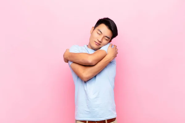 Young Chinese Man Feeling Love Smiling Cuddling Hugging Self Staying — Stock Photo, Image