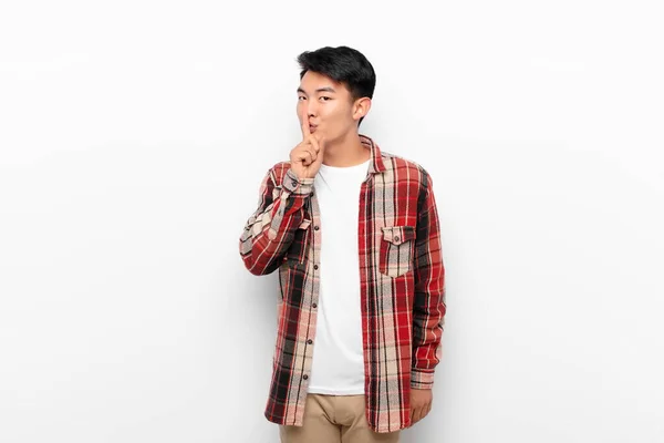 Young Chinese Man Asking Silence Quiet Gesturing Finger Front Mouth — Stock Photo, Image