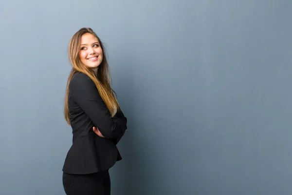 Businesswoman Smiling Gleefully Feeling Happy Satisfied Relaxed Crossed Arms Looking — Stock Photo, Image