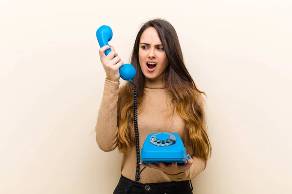 Young Pretty Woman Blue Vintage Phone — Stock Photo, Image