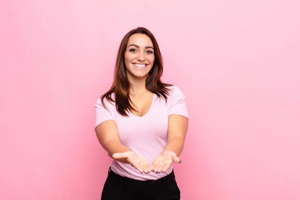 Young Pretty Woman Smiling Happily Friendly Confident Positive Look Offering — Stock Photo, Image