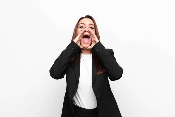 Jovem Mulher Negócios Bonita Sentindo Feliz Animado Positivo Dando Grande — Fotografia de Stock