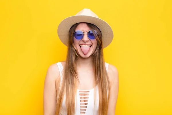 Young Pretty Woman Feeling Disgusted Irritated Sticking Tongue Out Disliking — Stock Photo, Image