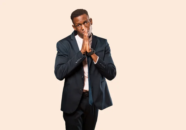 African American Businessman Feeling Worried Hopeful Religious Praying Faithfully Palms — Stock Photo, Image