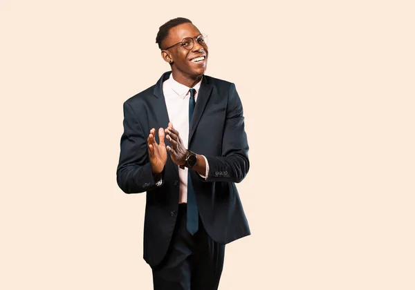 African American Businessman Feeling Happy Successful Smiling Clapping Hands Saying — Stock Photo, Image