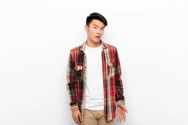 Young Chinese Man Feeling Puzzled Confused Dumb Stunned Expression Looking — Stock Photo, Image