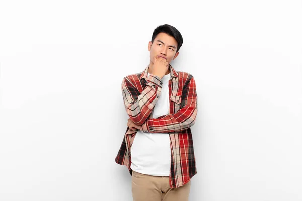 Young Chinese Man Thinking Feeling Doubtful Confused Different Options Wondering — Stock Photo, Image
