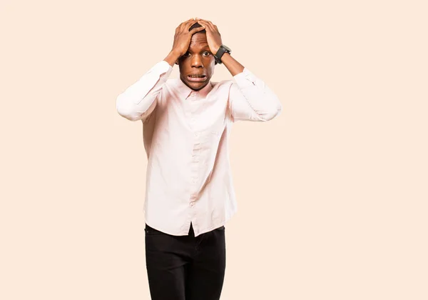 Young African American Black Man Feeling Horrified Shocked Raising Hands — Stock Photo, Image