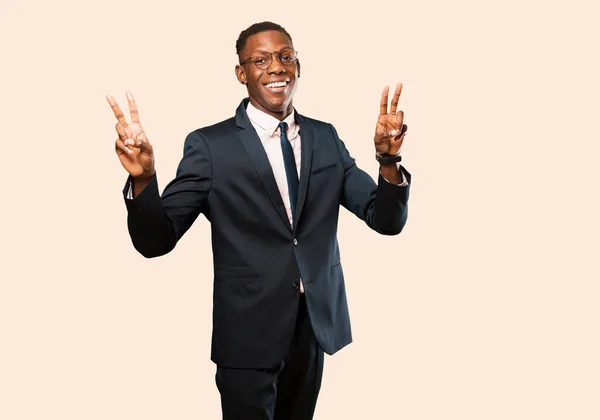 African American Businessman Smiling Looking Happy Friendly Satisfied Gesturing Victory — Stock Photo, Image