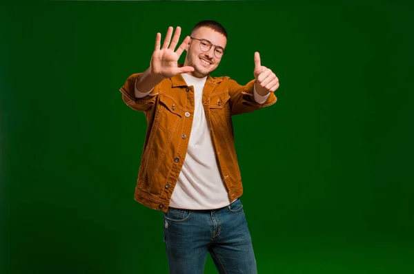 Young Handsome Man Smiling Looking Friendly Showing Number Six Sixth — Stock Photo, Image