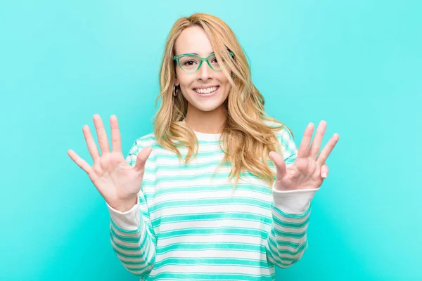 Young Pretty Blonde Woman Smiling Looking Friendly Showing Number Nine — Stock Photo, Image