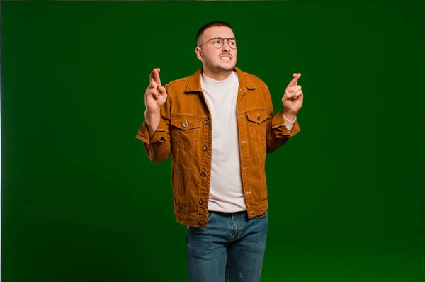 Young Handsome Man Crossing Fingers Anxiously Hoping Good Luck Worried — Stock Photo, Image