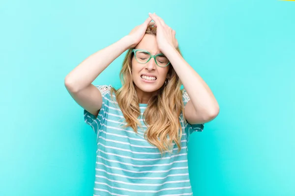 Young Pretty Blonde Woman Feeling Stressed Anxious Depressed Frustrated Headache — Stock Photo, Image