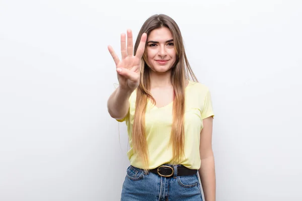 Young Pretty Woman Smiling Looking Friendly Showing Number Four Fourth — Stock Photo, Image
