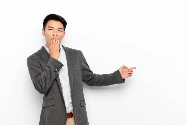 Young Chinese Man Feeling Happy Shocked Surprised Covering Mouth Hand — 图库照片