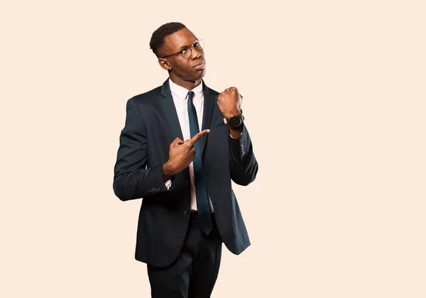 African American Businessman Looking Impatient Angry Pointing Watch Asking Punctuality — Stock Photo, Image