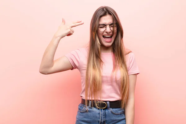 Young Pretty Woman Looking Unhappy Stressed Suicide Gesture Making Gun — Stock Photo, Image