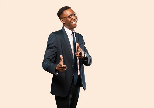 African American Businessman Feeling Happy Cool Satisfied Relaxed Successful Pointing — Stock Photo, Image