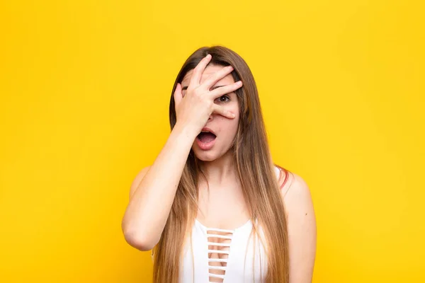 Young Pretty Woman Looking Shocked Scared Terrified Covering Face Hand — Stock Photo, Image