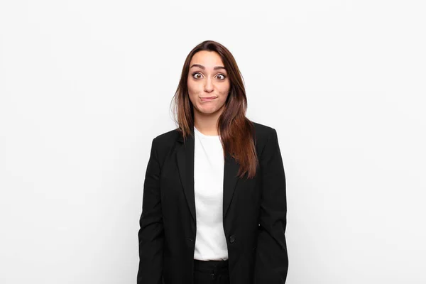 Young Pretty Businesswoman Looking Goofy Funny Silly Cross Eyed Expression — Stock Photo, Image