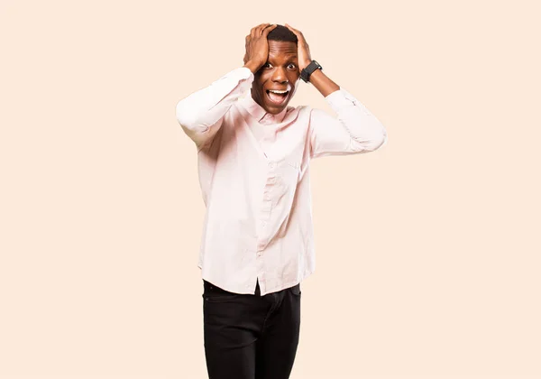 Young African American Black Man Raising Hands Head Open Mouthed — ストック写真